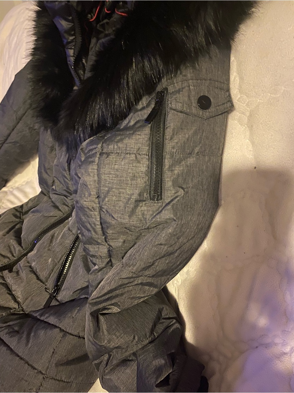 Wildflowers Black Faux Fur Collar Gray Puffer Jacket - Picture 4 of 4